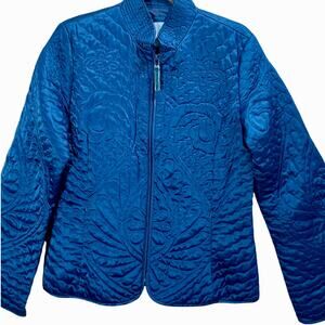 Nine West Blue Quilted Pattern Jacket Velvet Zipper Pull Womens Medium